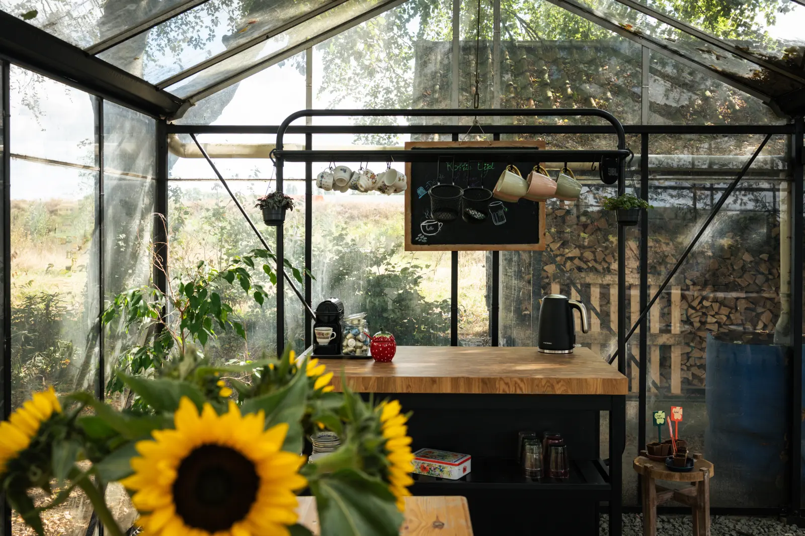 Koffiehoek met zonnebloemen in de glazen kas van Boerderij Ons Buiten